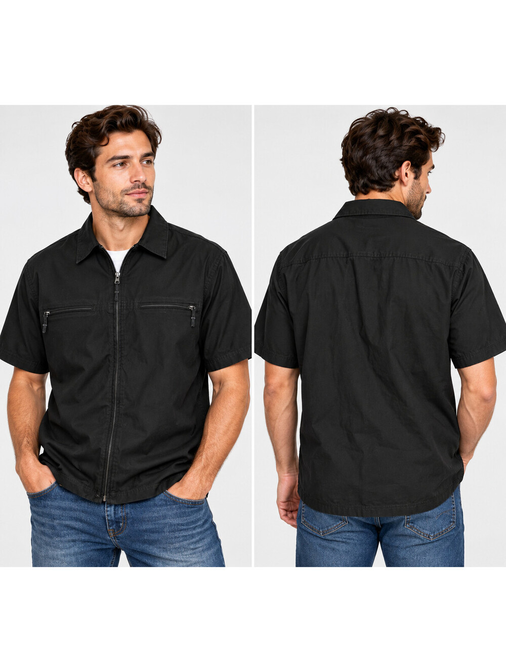 Bugle Boy Authentic Mens Black Short Sleeve Zip Shirt Utility Workwear Vintage L